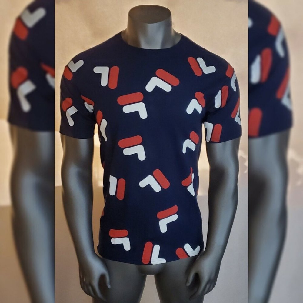 FILA AUTHENTIC TSHIRT MEN'S CREW NECK SHORT SLEEVE ALL OVER PRINT SIZE S NAVY